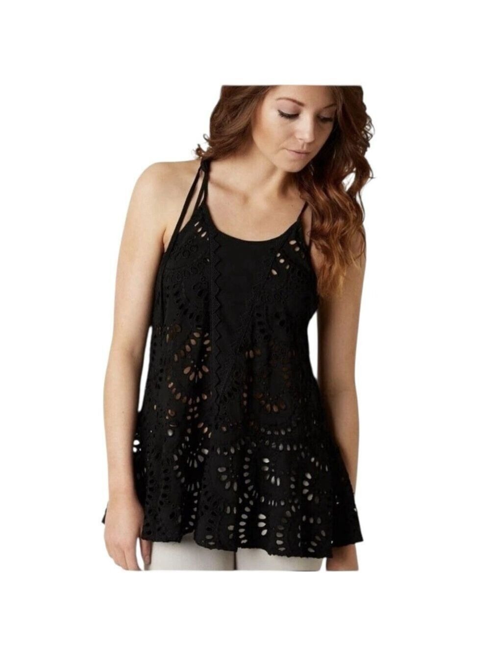 Free People Intimately Black Eyelet Lace Embroidered Peplum Tank Top Size Large